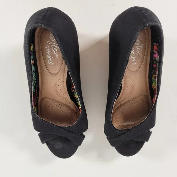 DexFlex Comfort Black Canvas Cork Wedge Peep Heels Shoes Women Size 6 - Picture 10 of 11